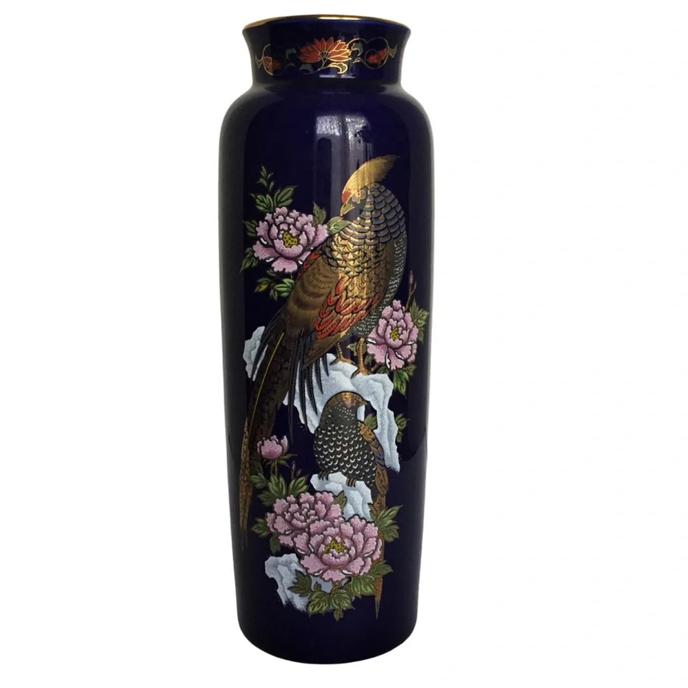 Vintage Kutani Cobalt Blue Pheasants Vase